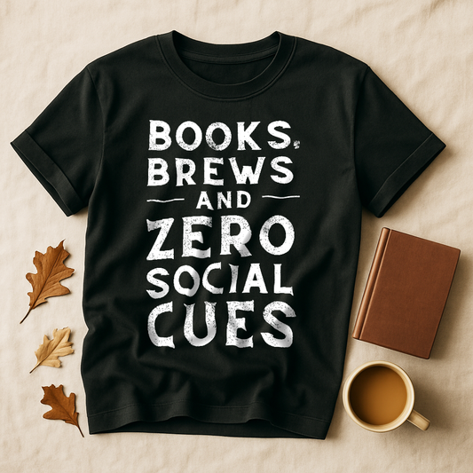 "Books, Brews & Zero Social Cues" – Unisex Garment-Dyed Heavyweight T-Shirt