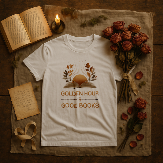 "Golden Hour & Good Books" – Unisex Garment-Dyed Heavyweight T-Shirt