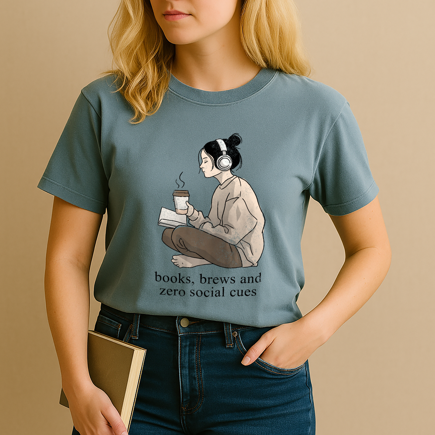 "Books, Brews & Zero Social Cues" – Unisex Garment-Dyed Heavyweight T-Shirt
