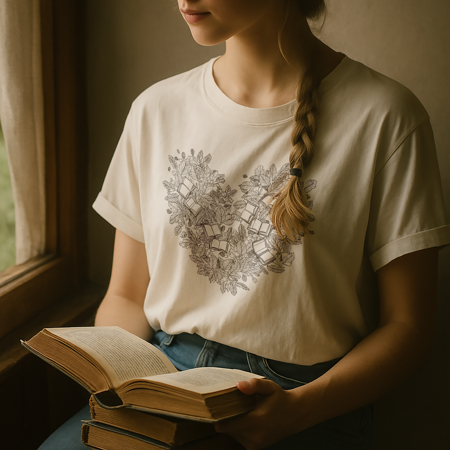 "Book Lover’s Heart" Botanical – Unisex Garment-Dyed Heavyweight T-Shirt