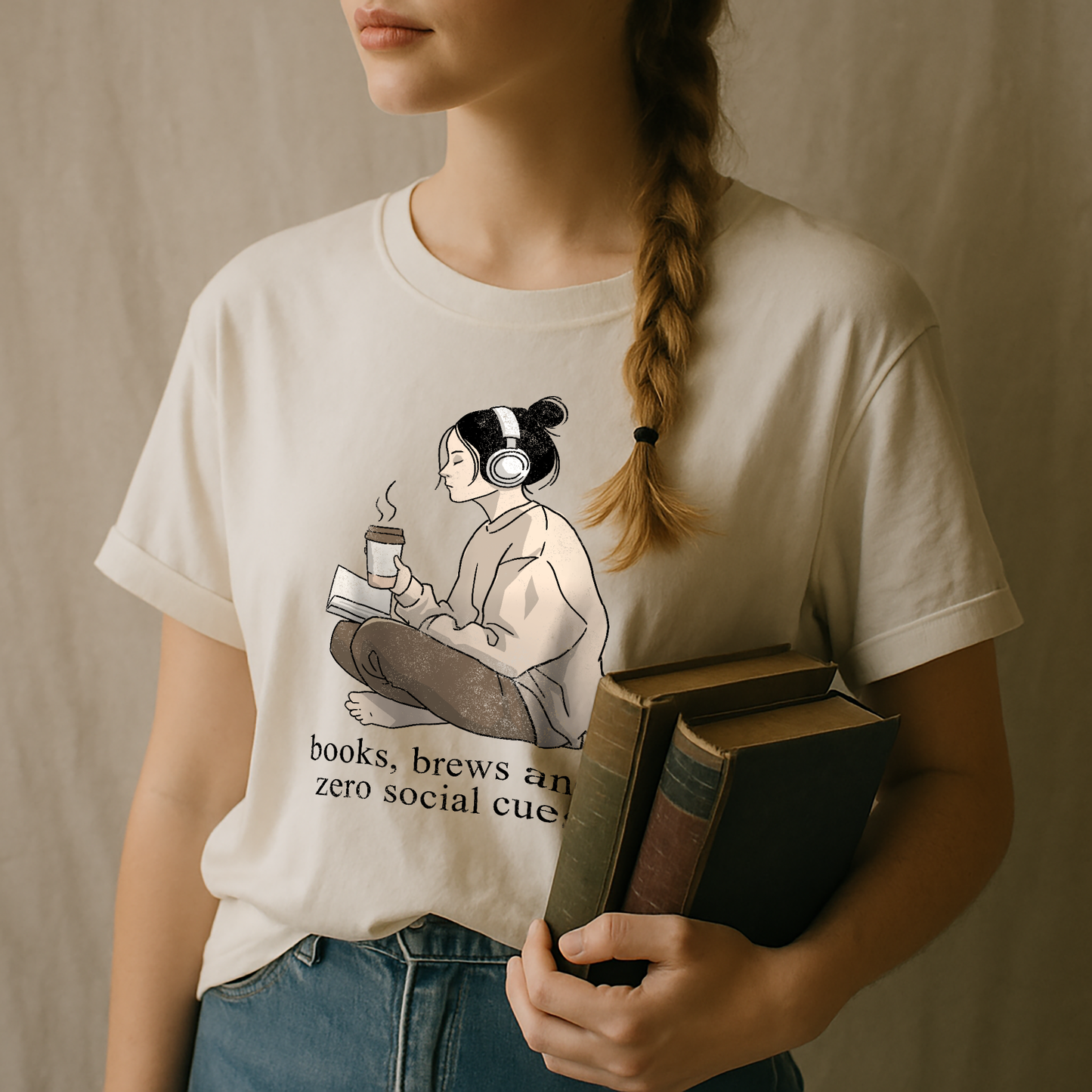 "Books, Brews & Zero Social Cues" – Unisex Garment-Dyed Heavyweight T-Shirt