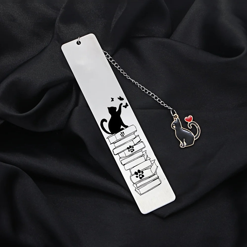 Bookstack Cat – Stainless Steel Bookmark with Charm