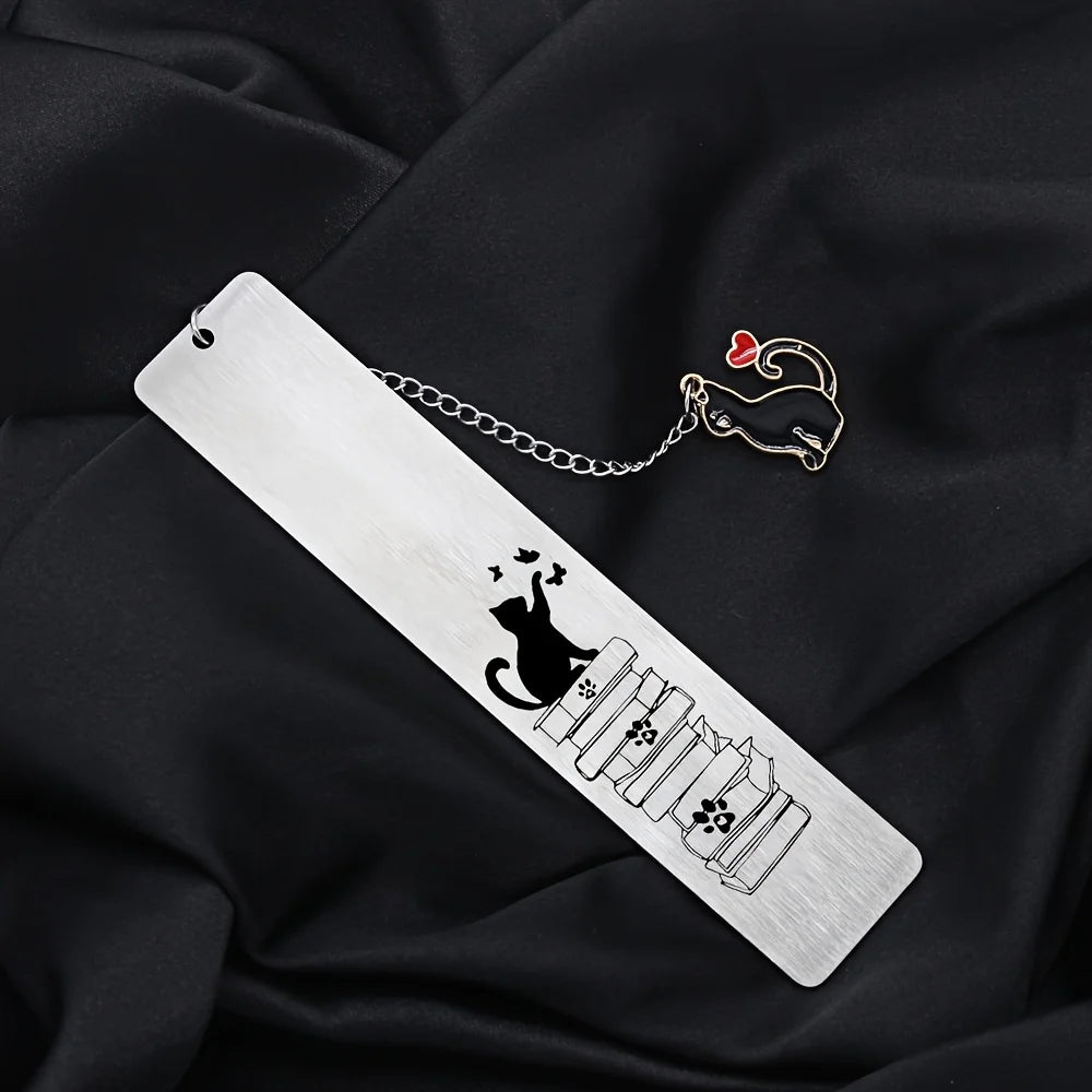 Bookstack Cat – Stainless Steel Bookmark with Charm
