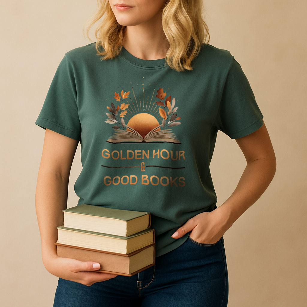 "Golden Hour & Good Books" – Unisex Garment-Dyed Heavyweight T-Shirt