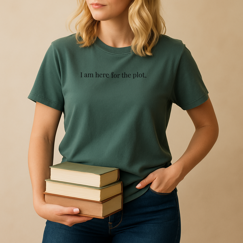 "I am here for the plot." – Unisex Garment-Dyed Heavyweight T-Shirt
