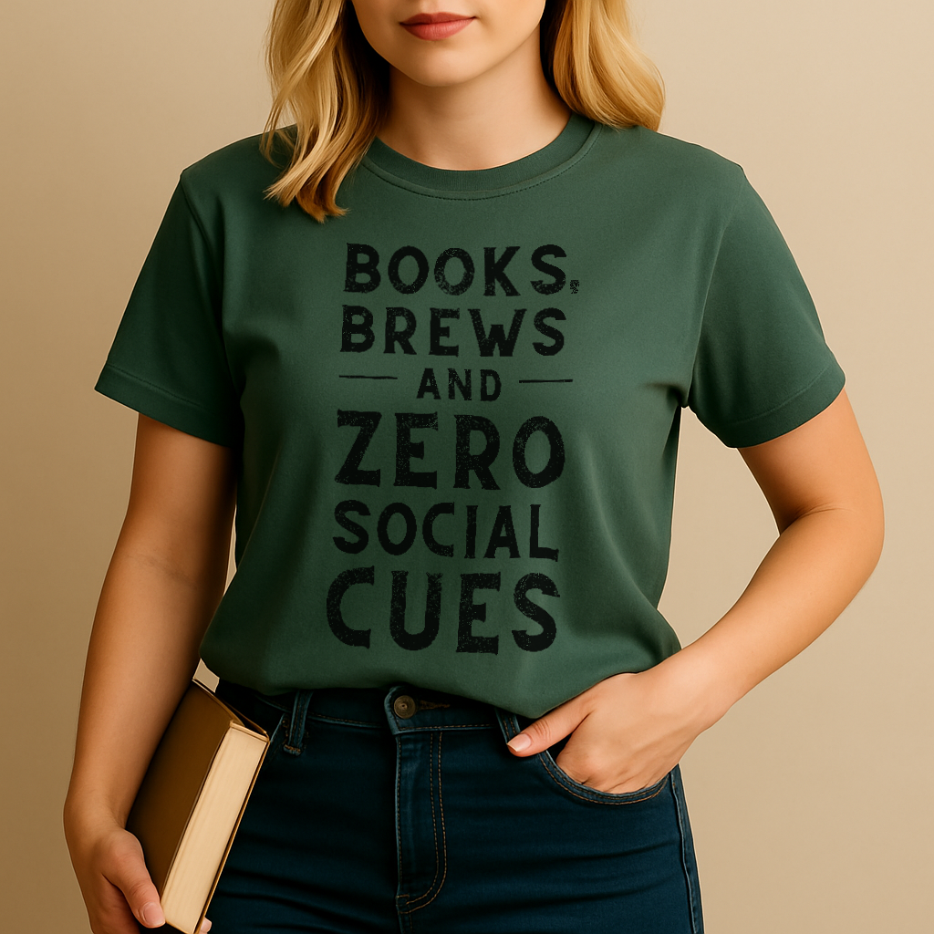 "Books, Brews & Zero Social Cues" – Unisex Garment-Dyed Heavyweight T-Shirt