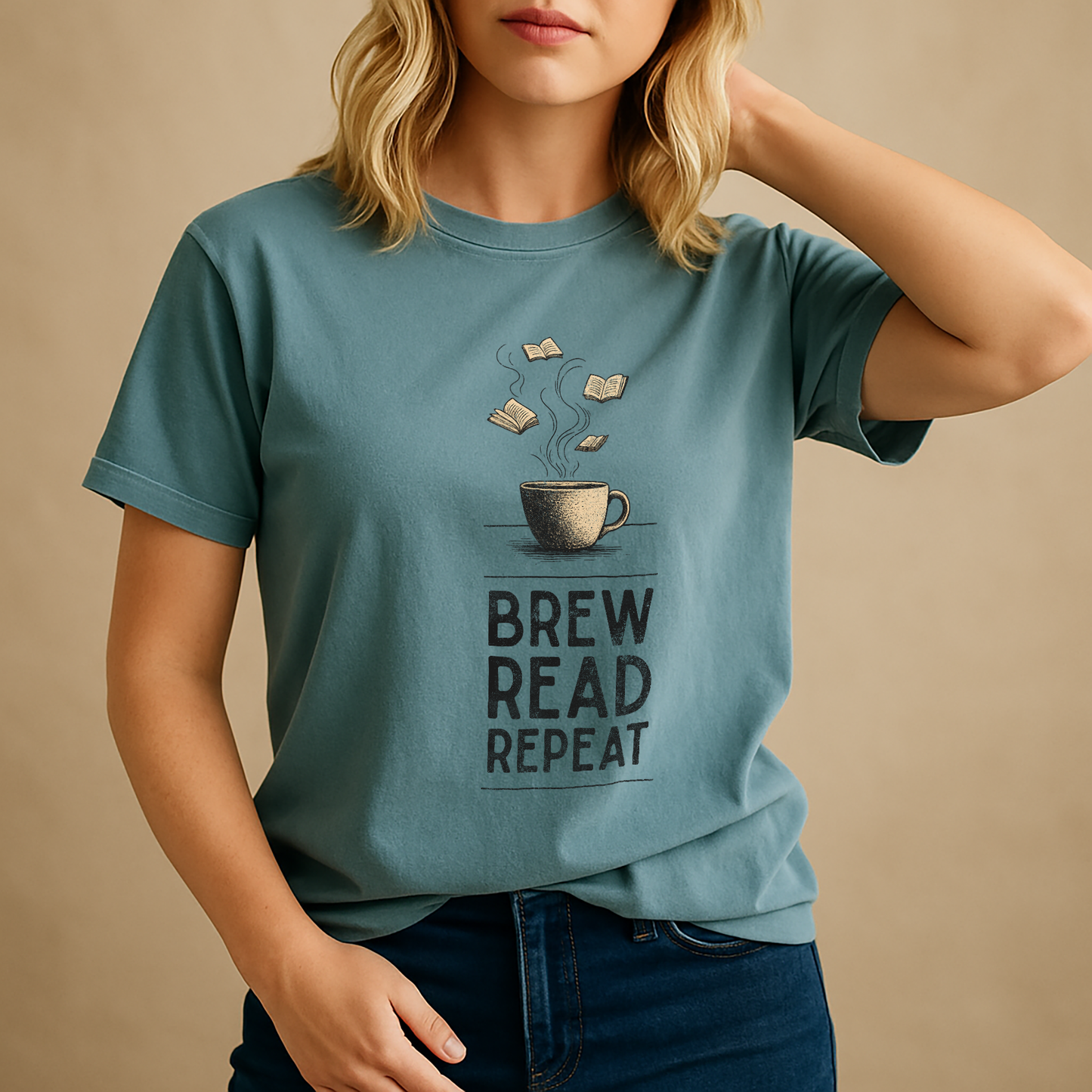 "Brew. Read. Repeat." – Unisex Garment-Dyed Heavyweight T-Shirt